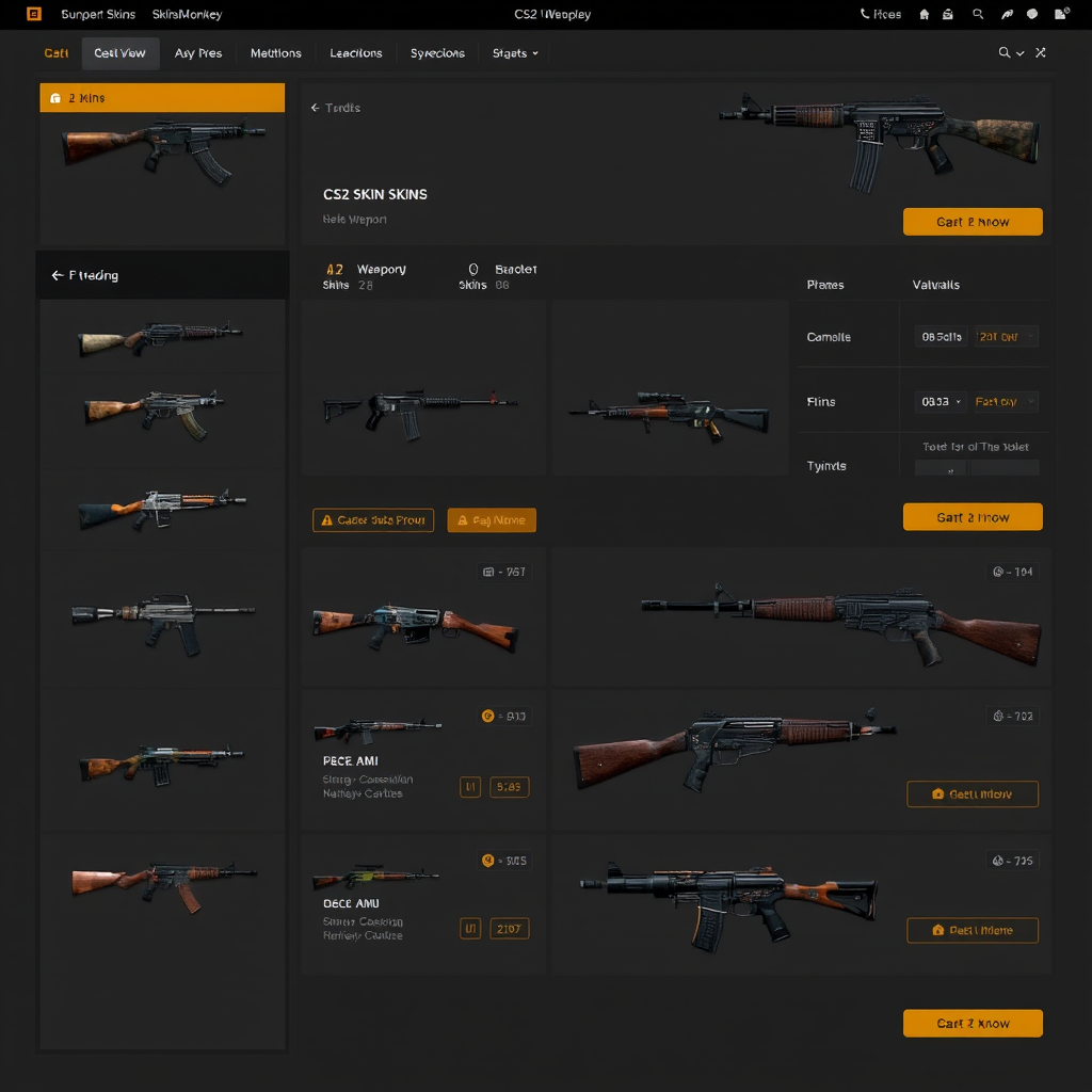 CS2 skins trading interface showing various weapon skins and trading options on skinsmonkey platform