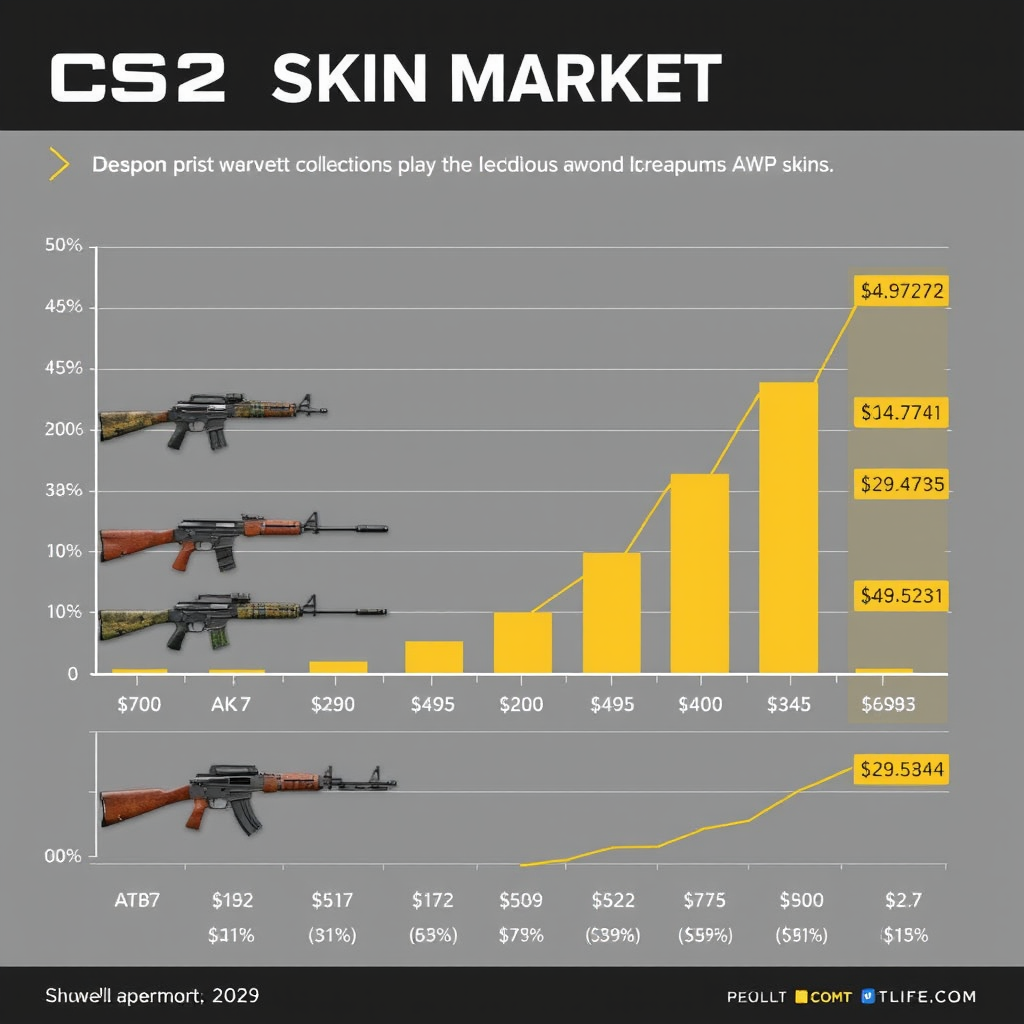 CS2 skin market growth chart showing price increases across popular weapon collections including AK-47 and AWP skins with upward trending graphs and statistics