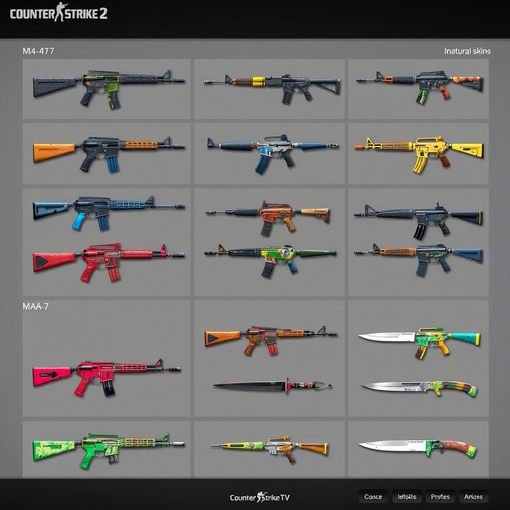 Counter-Strike 2 new weapon skins collection featuring various colorful AK-47, M4A4, and knife variants displayed in game inventory interface