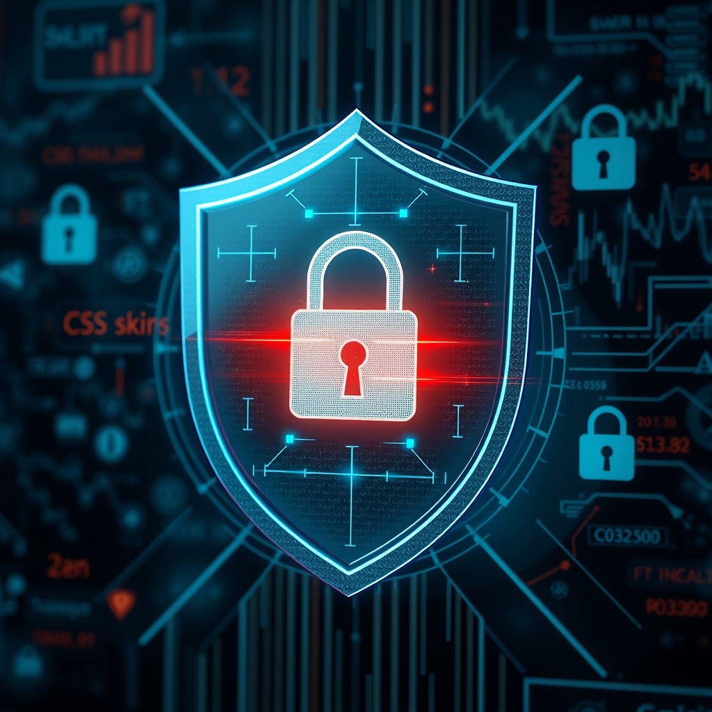Digital security shield protecting CS2 skins with lock icons and trading symbols in the background