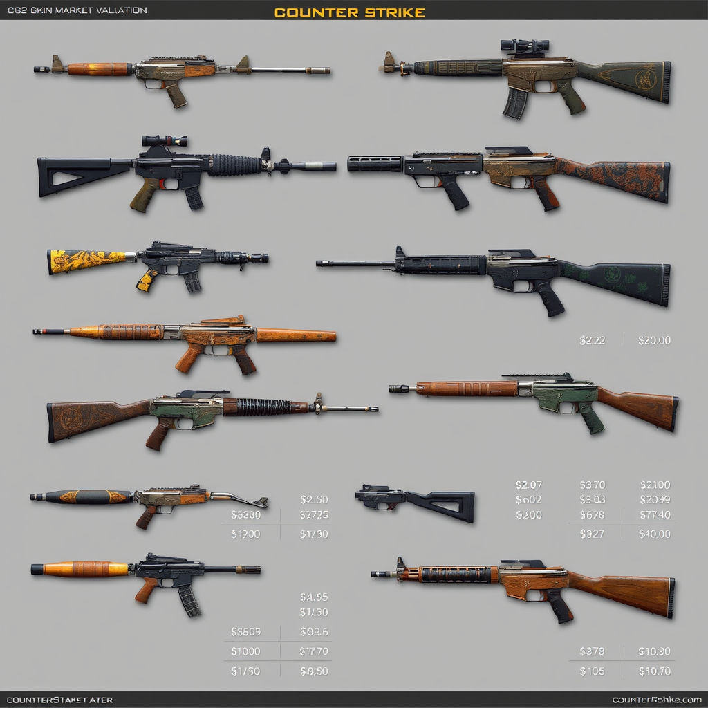 Professional CS2 skin valuation service showing detailed market analysis of various Counter-Strike 2 weapon skins with price charts and rarity assessments