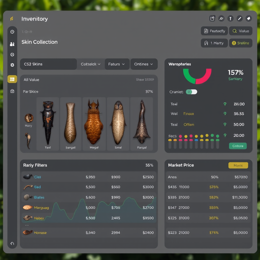 Modern CS2 inventory management dashboard showing skin collection overview with value charts, rarity filters, and market price tracking interface