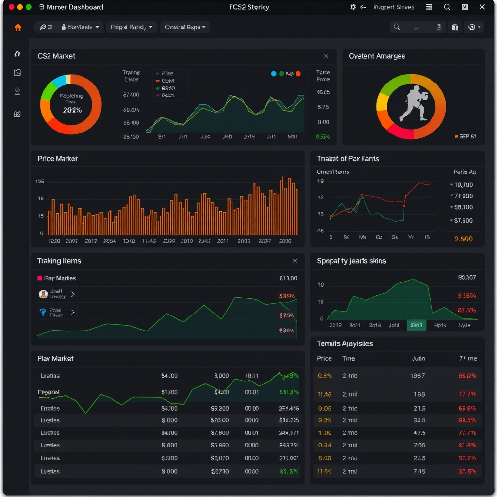 Professional CS2 skins market analysis dashboard showing price charts, trending items, and market statistics for Counter-Strike 2 skin trading