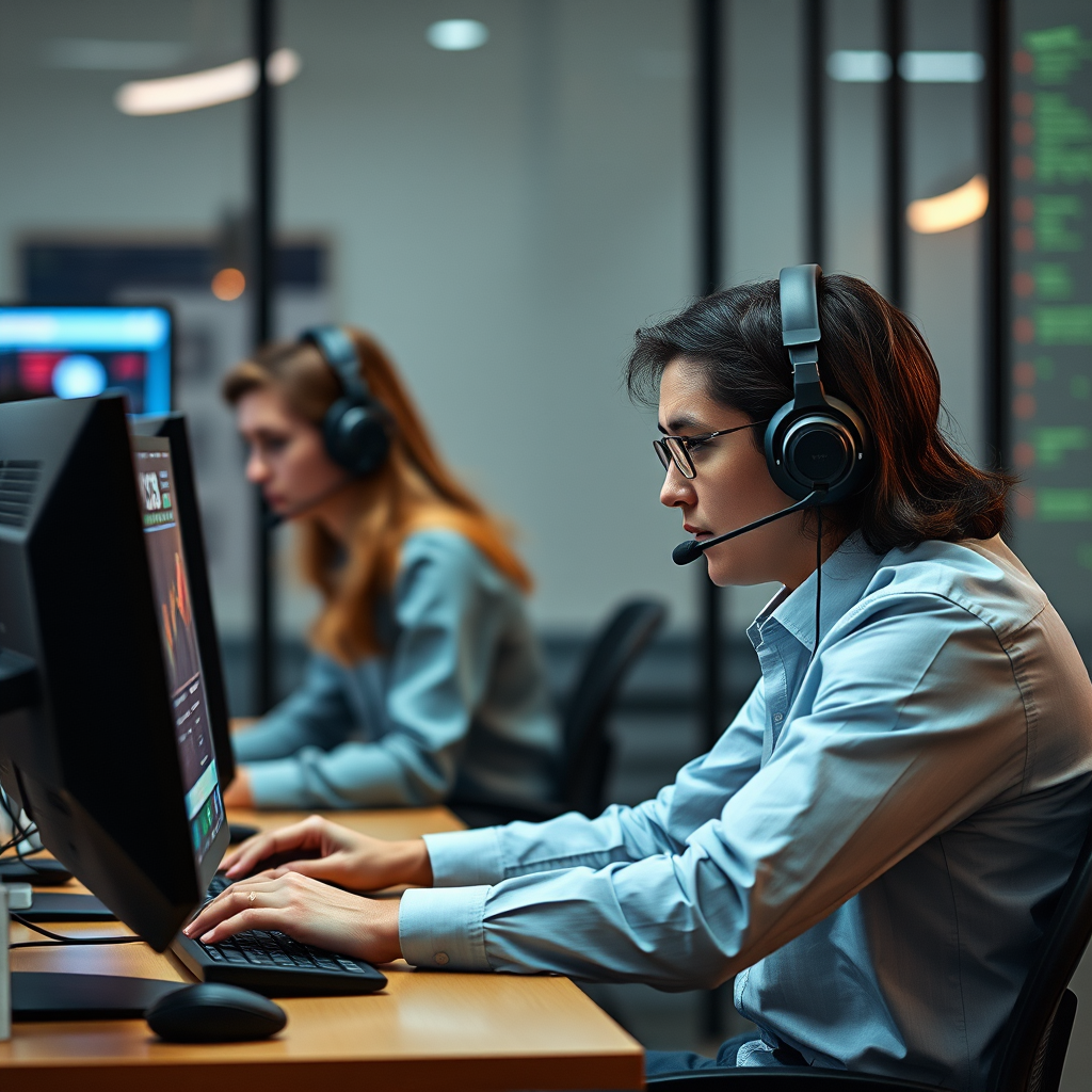 Professional customer support team working at modern computers with headsets, providing priority assistance to CS2 skin trading customers