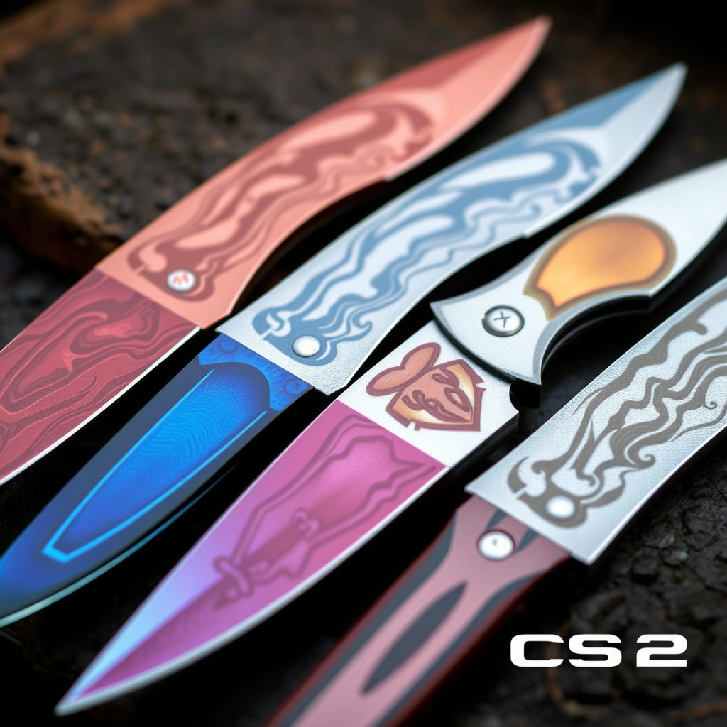 Close-up view of new CS2 knife skins showing detailed blade patterns and handle designs in various colors including crimson, blue steel, and fade patterns