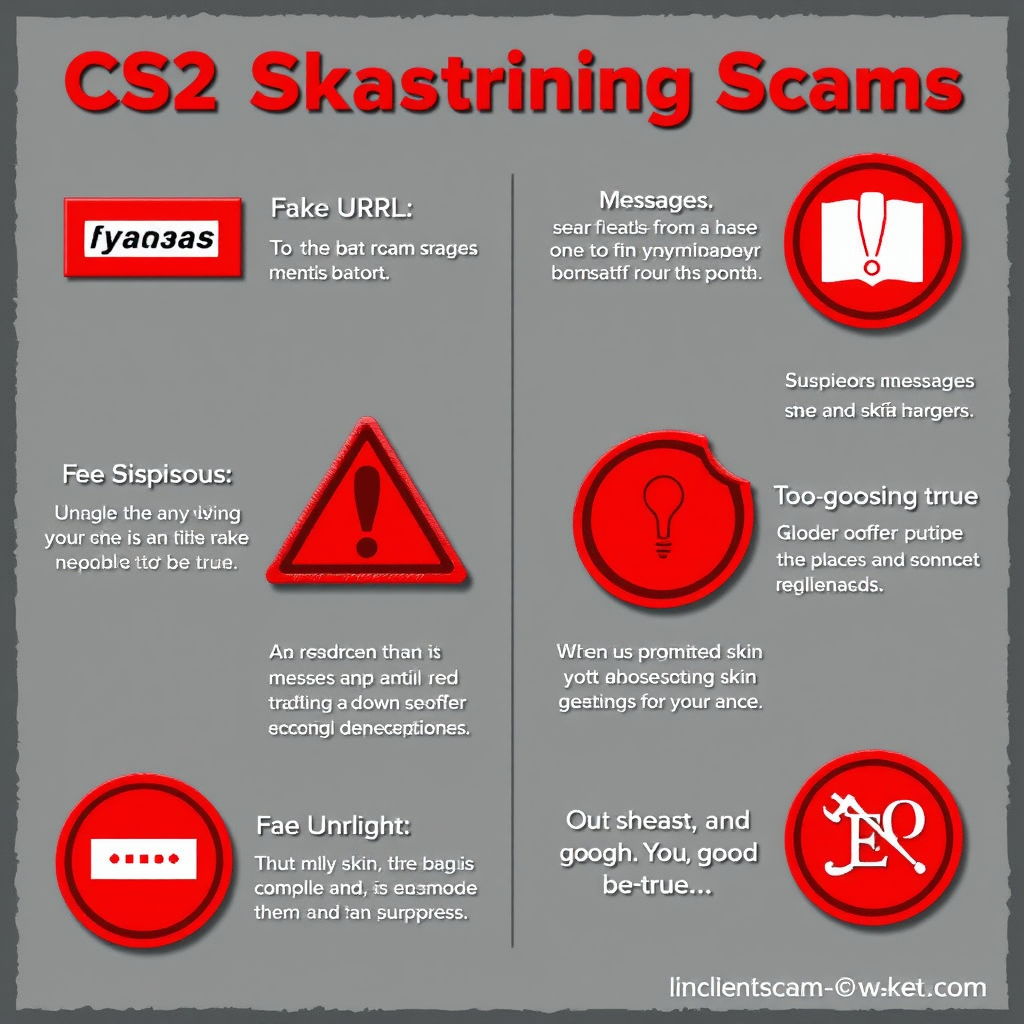 Infographic showing red warning signs for CS2 skin trading scams including fake URLs, suspicious messages, and too-good-to-be-true offers