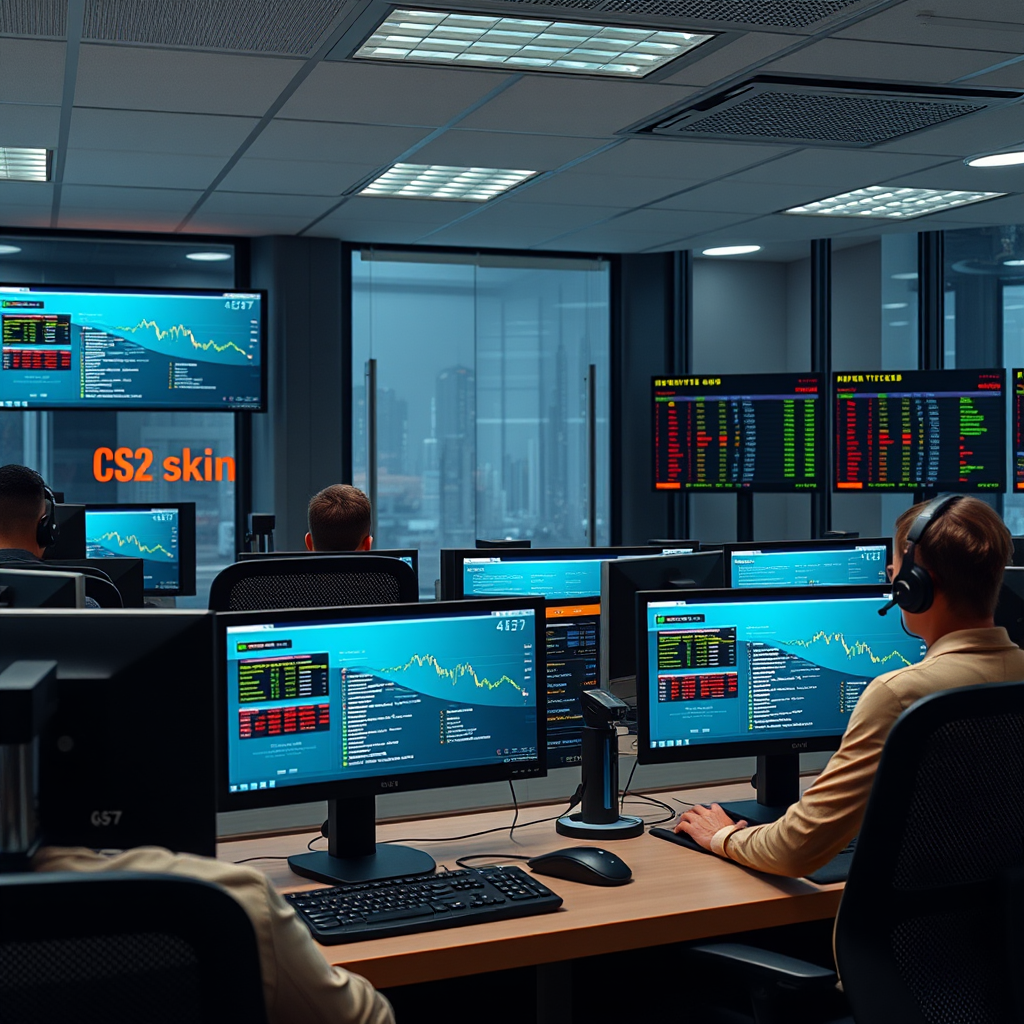 Modern 24/7 customer support center with multiple screens showing CS2 skin trading data and support tickets being resolved in real-time