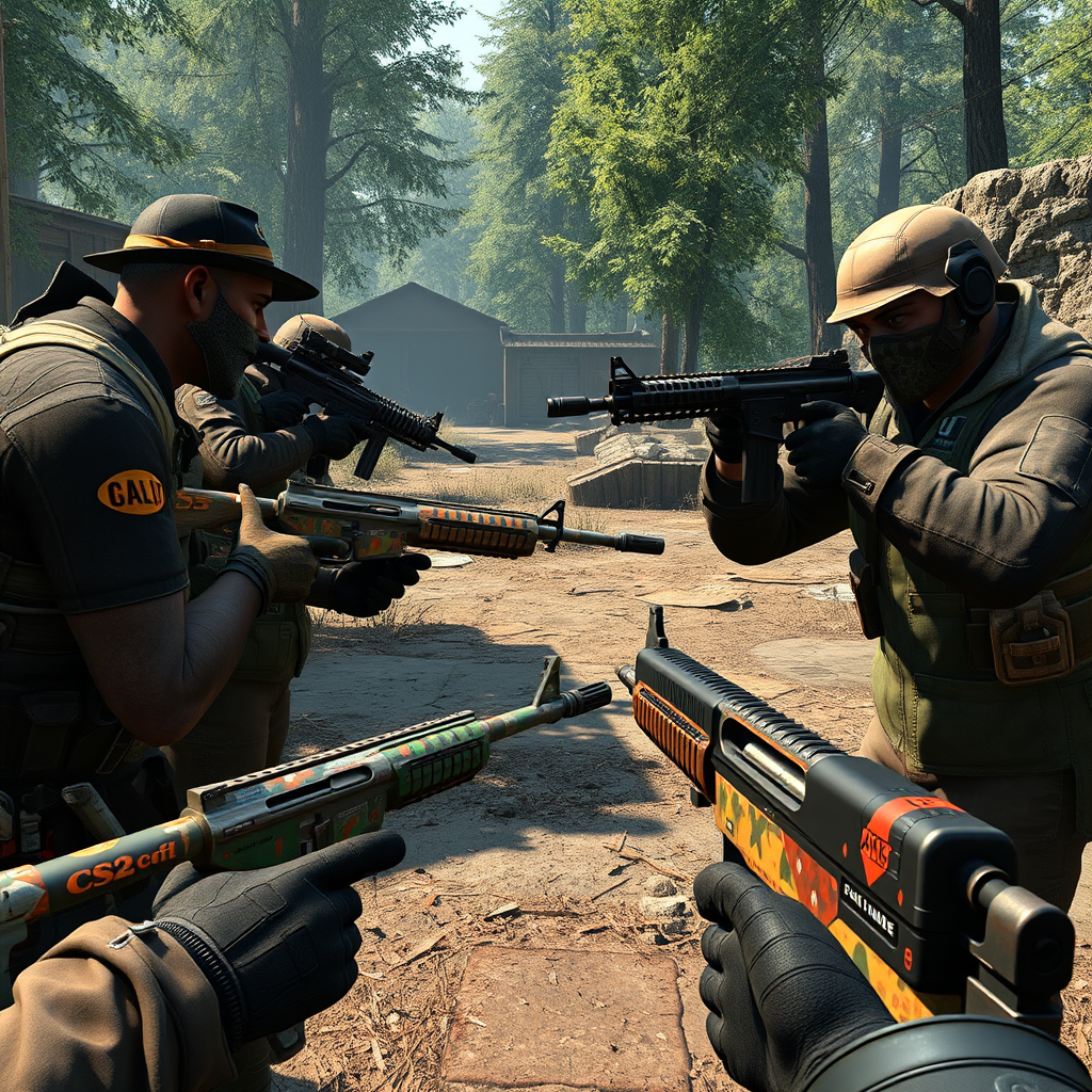 Screenshot of CS2 players in-game showcasing new weapon skins during competitive match with various rare finishes visible on different weapons