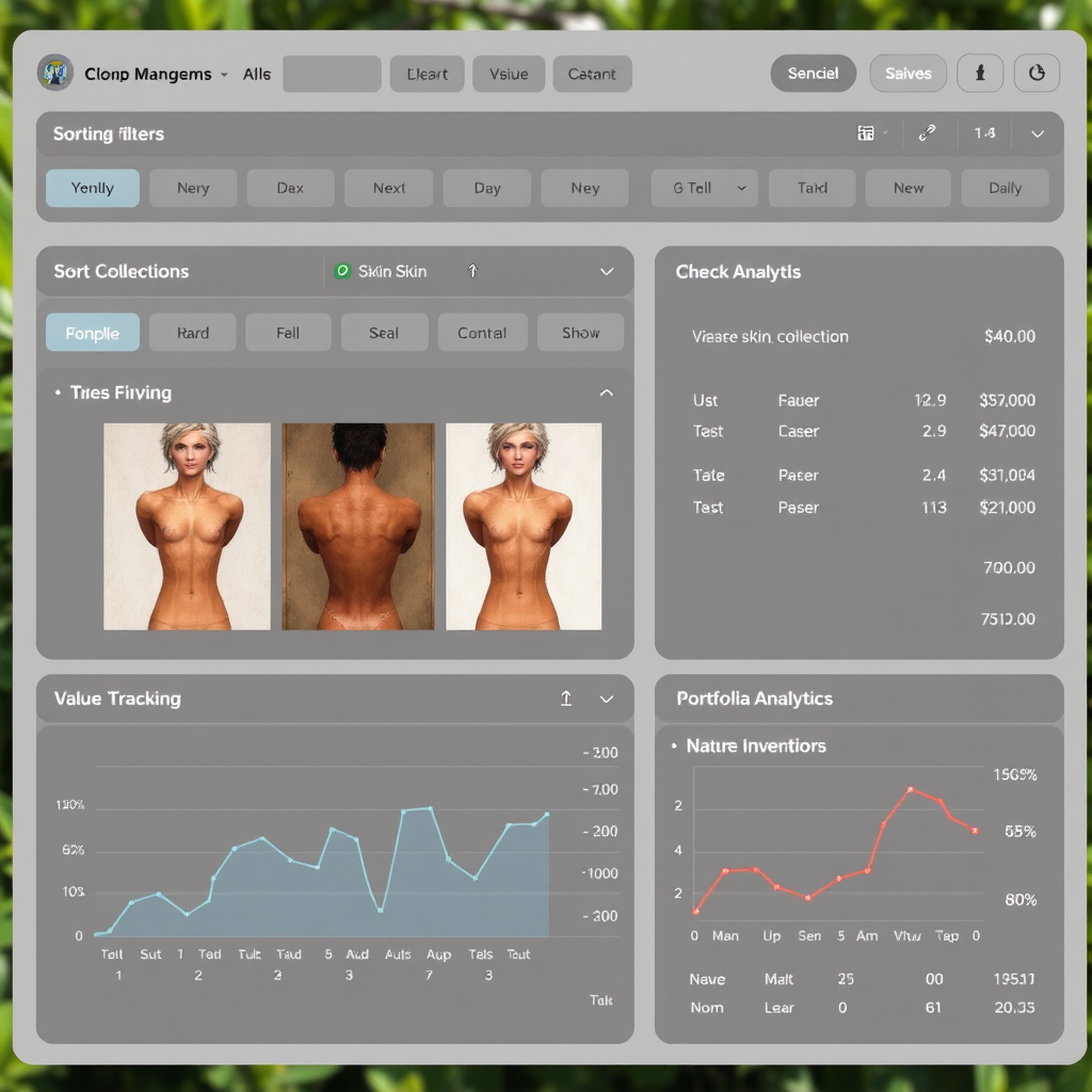 Advanced inventory management interface showing organized CS2 skin collections with sorting filters, value tracking graphs, and portfolio analytics for efficient skin collection management