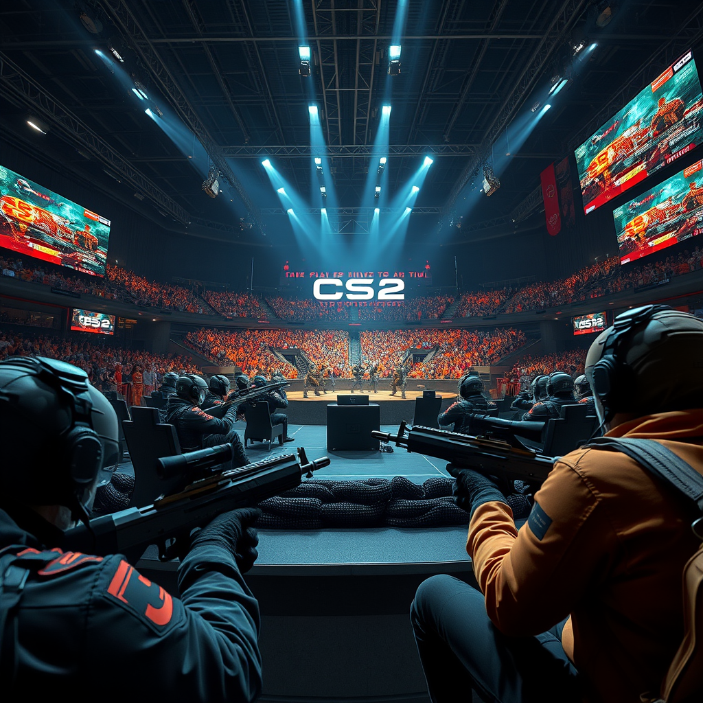 CS2 esports tournament arena with professional players competing using premium weapon skins while large audience watches on screens