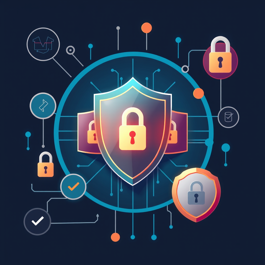 Digital security concept illustration showing shield icon protecting CS2 skins with lock symbols, verification checkmarks, and secure trading elements in a modern cybersecurity design