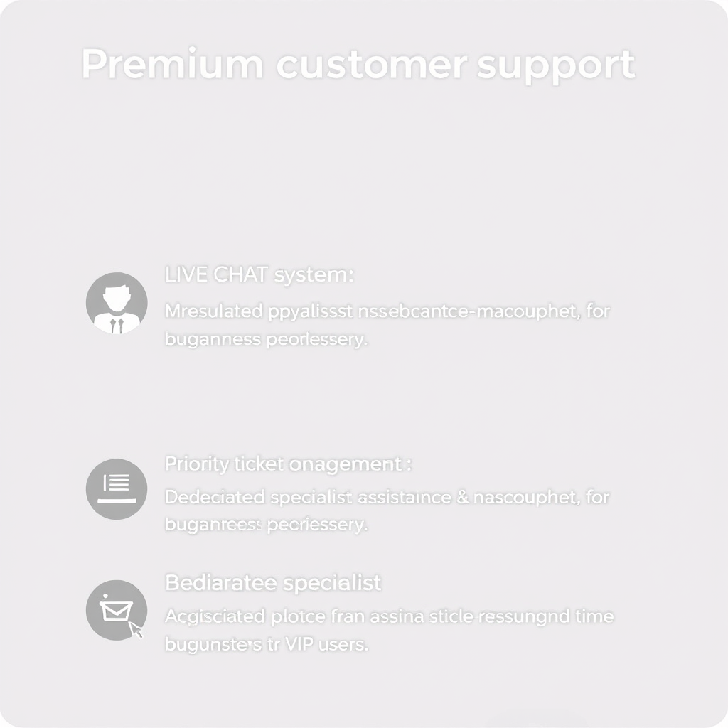 Premium customer support interface showing live chat system, priority ticket management, dedicated specialist assistance, and expedited response time guarantees for VIP users